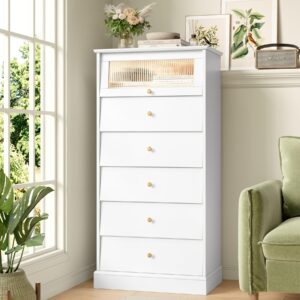 finetones 6 drawer dresser white dresser, 48.7'' tall white dresser chest of drawers, white and gold dresser with glass drawer, gold dresser modern dresser for home office