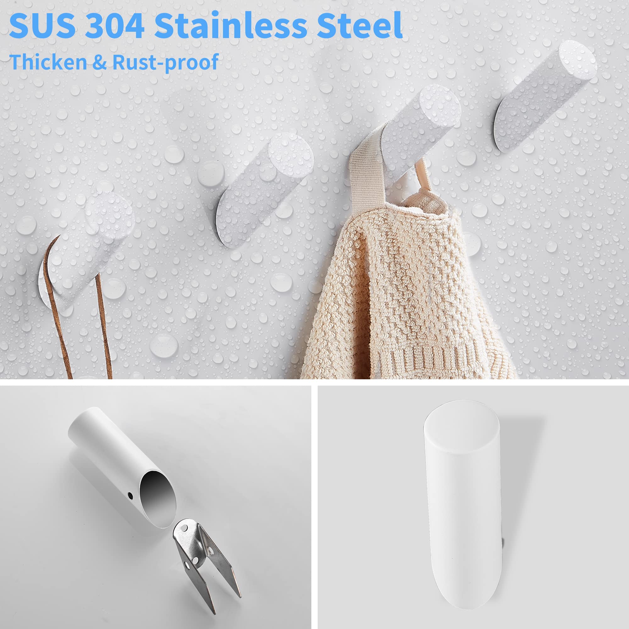 FOUTLQ Towel Hooks for Bathrooms 4 Packs Wall Mounted, White Wall Coat Hooks for Hanging SUS 304 Stainless Steel, Robe Hooks for Bathroom Entryway Bedroom Mudroom