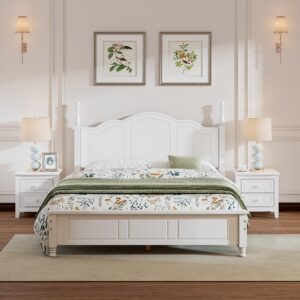 harper & bright designs 3 pieces queen bedroom sets, wooden queen size platform bed with 2 nightstands, retro design queen bedroom furniture sets, easy to assemble (white)