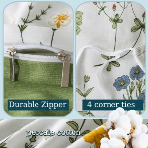 Zusbest Floral Duvet Cover Queen 100% Percale Cotton Botanical Garden Flower Printed Bedding Reversible Green Yellow Leaves Pattern Comforter Covers French Country Bedding Soft 3Pcs-Not Comforter