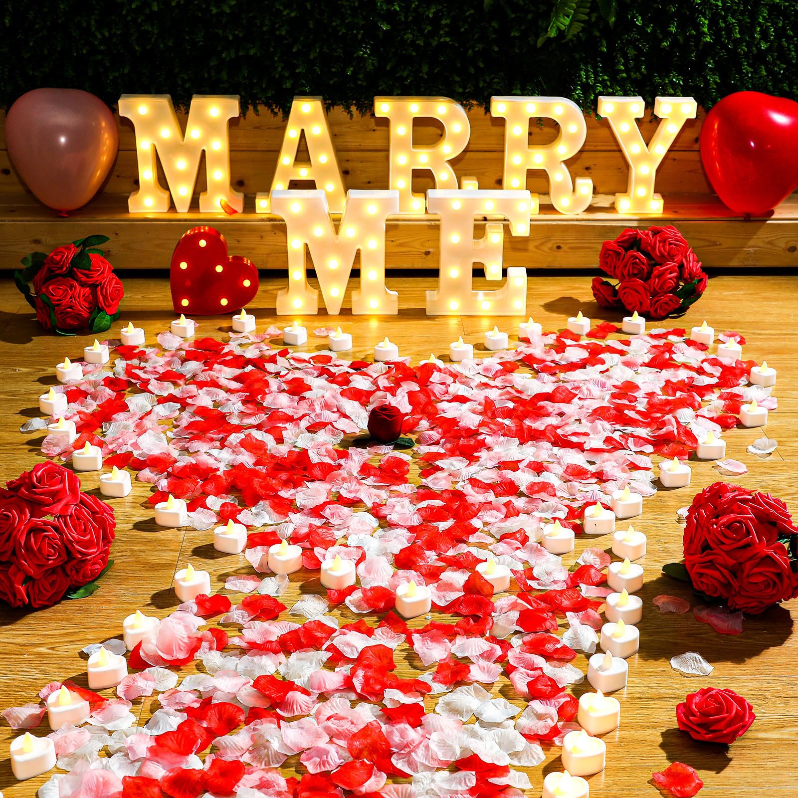 VIHOSE 4805 Pcs Light up Letters Wedding Decorations Proposal Decorations Kit with LED Marry Me Sign Letter Heart Candles Rose Petals Heart Balloons Artificial Red Rose for Proposal Engagement Outdoor