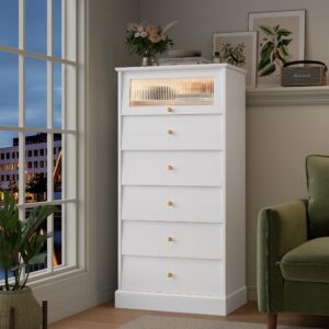 FINETONES 6 Drawer Dresser White Dresser, 48.7'' Tall White Dresser Chest of Drawers, White and Gold Dresser with Glass Drawer, Gold Dresser Modern Dresser for Home Office