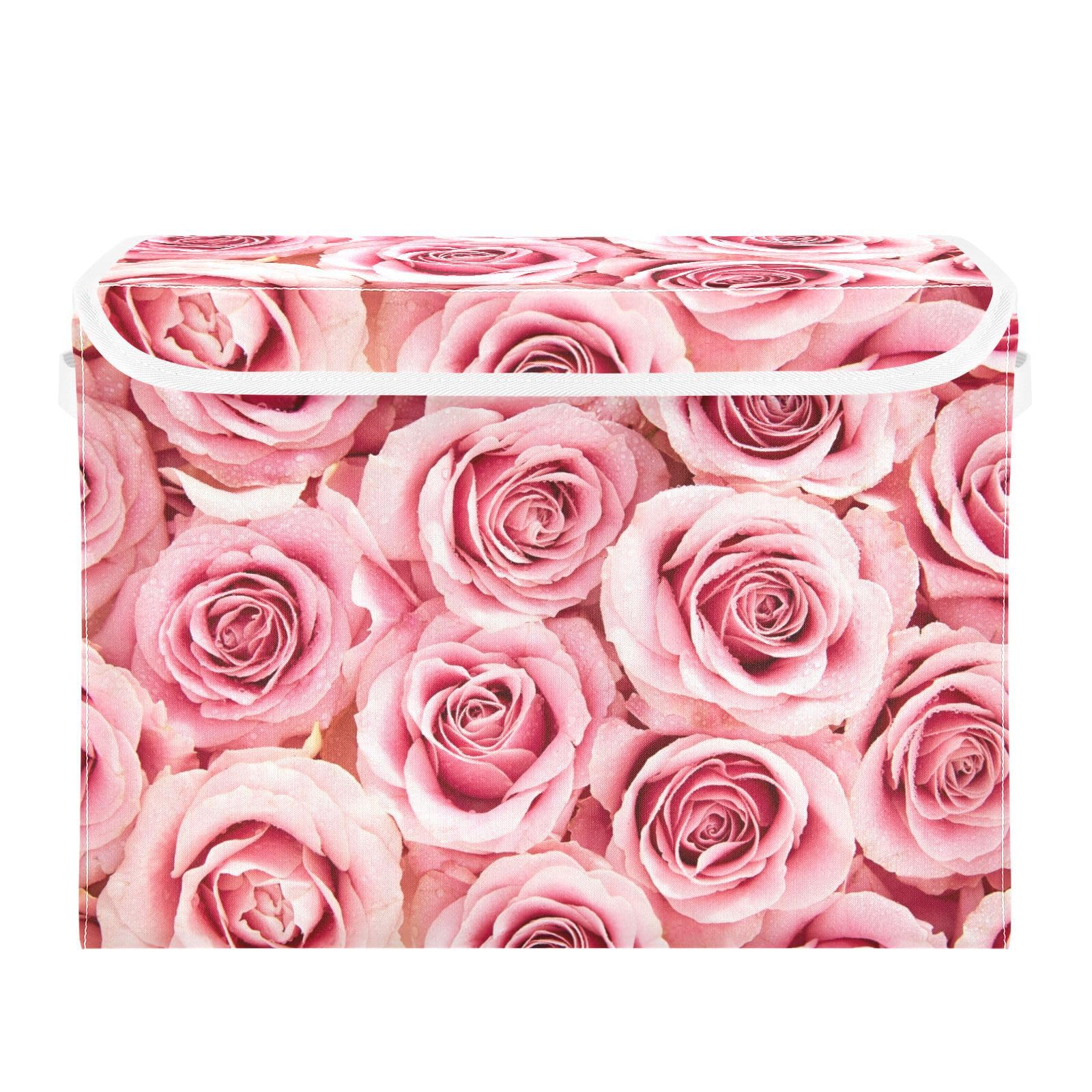 MFTJYO Storage Bin with Lid Pink Rose Flower Foldable Storage Box Washable Fabric Storage Cubes Bin Organizer Basket Closet for Home Bedroom Closet Nursery Office