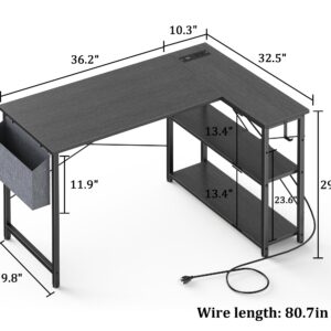 Mr IRONSTONE L Shaped Desk with Outlets & USB Ports, Reversible 47 Inch Office Desk, Corner Desk for Small Space, Home Office Desk with Storage Bag & Hook, Black