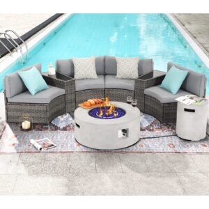 SUNSITT 8 Piece Patio Furniture Set with Propane Fire Pit Half-Moon Curved Patio Set Outdoor Sectional Sofa with 36in Grey Gas Fire Table & Tank Cover, Grey Rattan