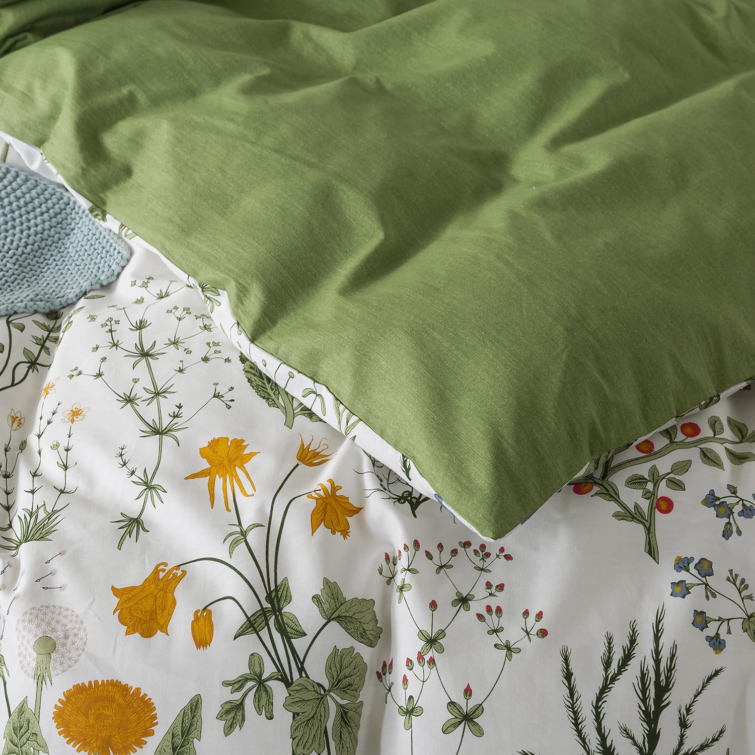 Zusbest Floral Duvet Cover Queen 100% Percale Cotton Botanical Garden Flower Printed Bedding Reversible Green Yellow Leaves Pattern Comforter Covers French Country Bedding Soft 3Pcs-Not Comforter