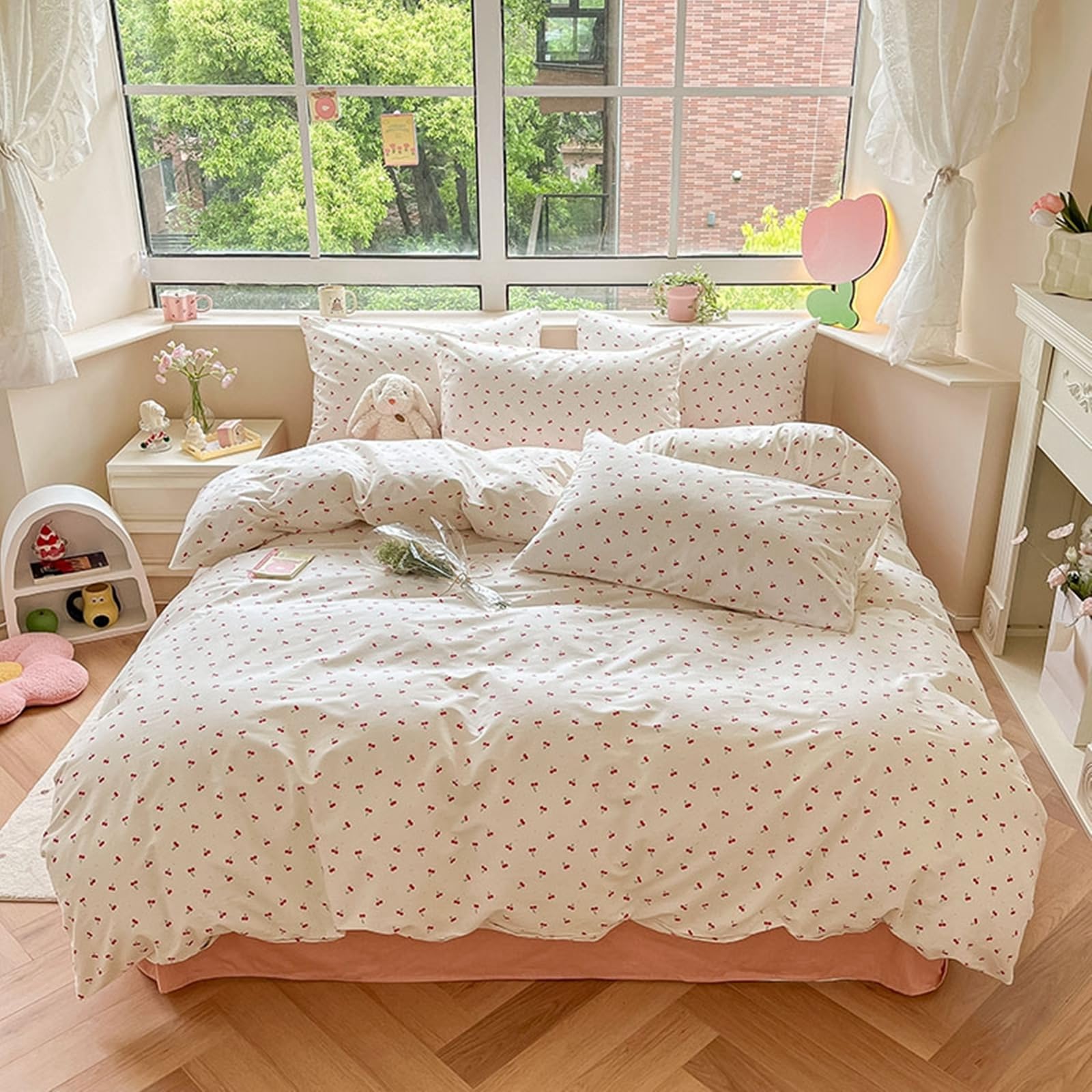 LIWHENHAO Cherry Duvet Cover Set Queen 100% Cotton Bedding Cartoon Red Cherries on White 1 Kawaii Cute Fruit Comforter Cover Full Zipper Closure 2 Pillowcases for Kids Girls Boys Woman