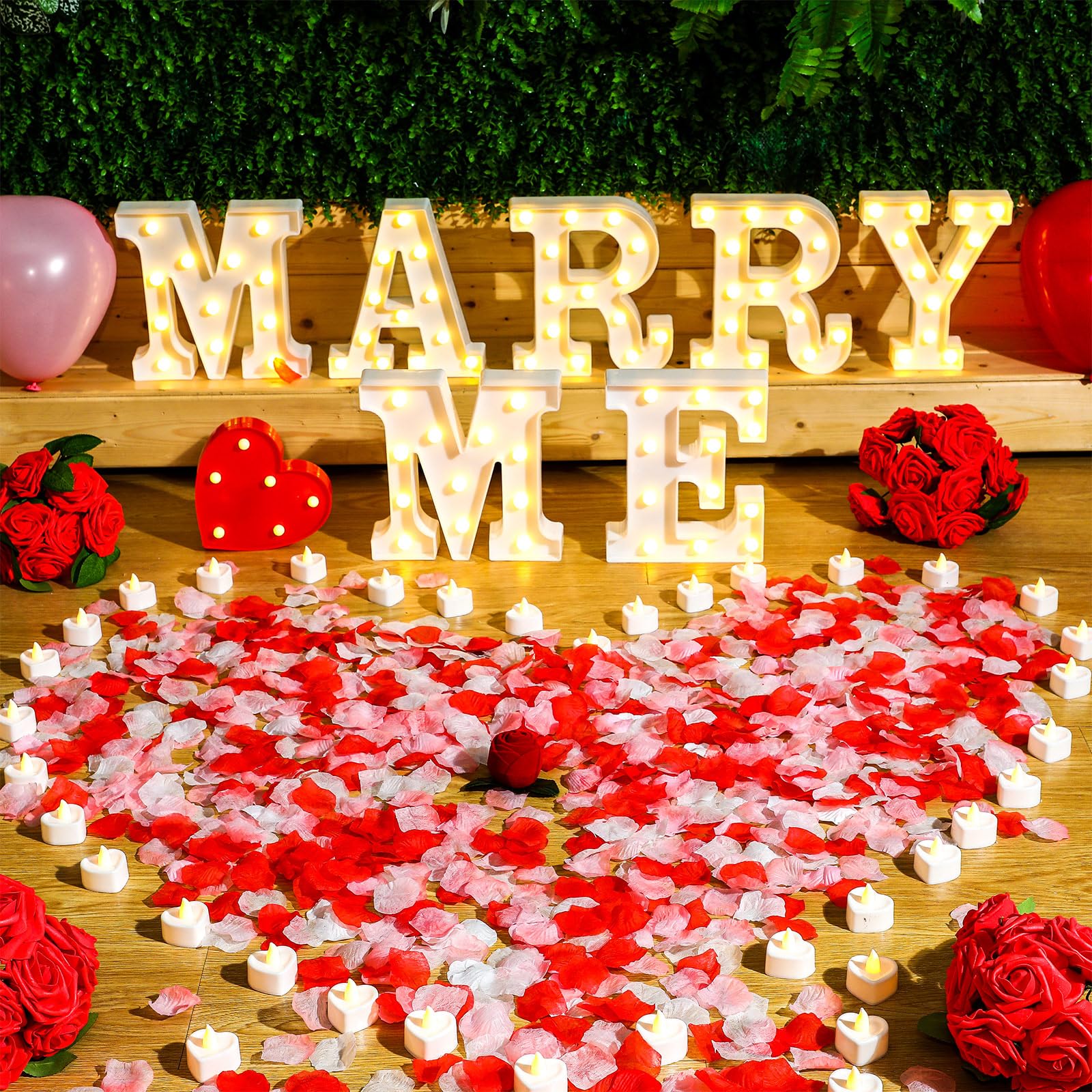 VIHOSE 4805 Pcs Light up Letters Wedding Decorations Proposal Decorations Kit with LED Marry Me Sign Letter Heart Candles Rose Petals Heart Balloons Artificial Red Rose for Proposal Engagement Outdoor