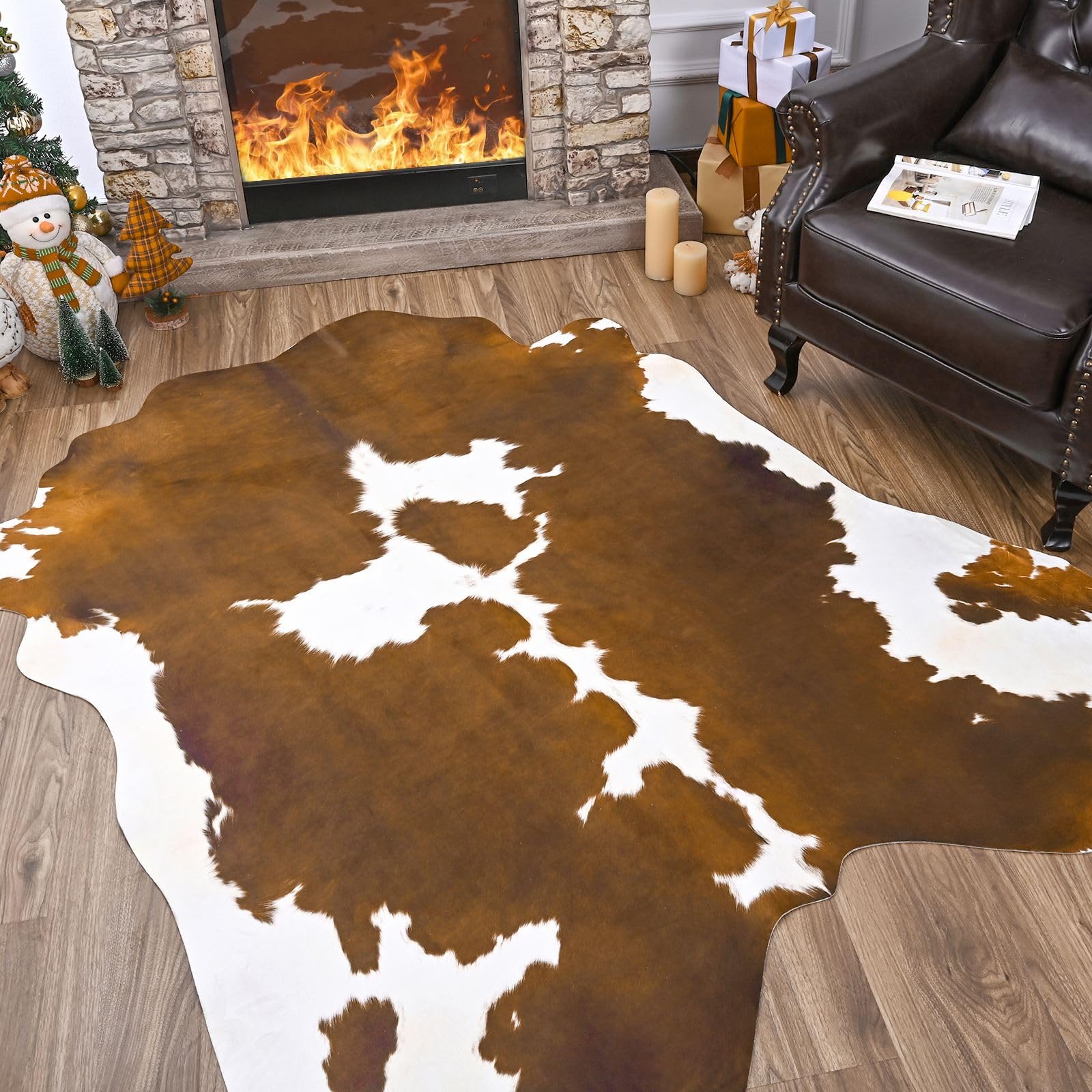 Comeet Faux Cowhide Rug 4 x 3 Feet, Medium Cow Rug Thickened Cow Print Rug, Non-Slip Faux Animal Printed Area Rug Western Decor Carpet for Living Room Bedroom, Brown