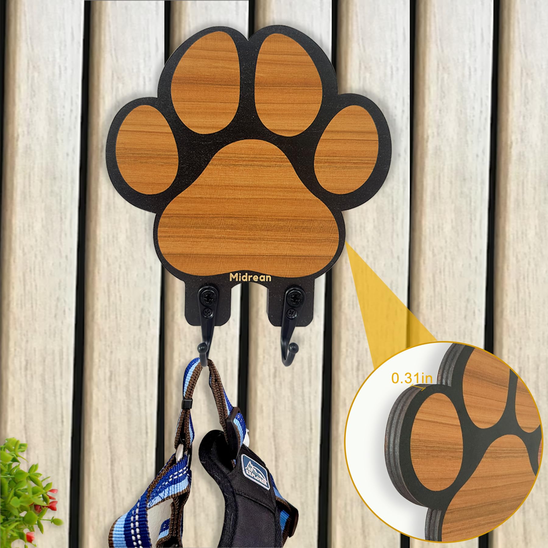 Midrean 2pcs Dog Leash Holder for Wall Mount Hanger Hook,Farmhouse Wooden Dog Paws Key Rack Accessories for Rustic Home Decor