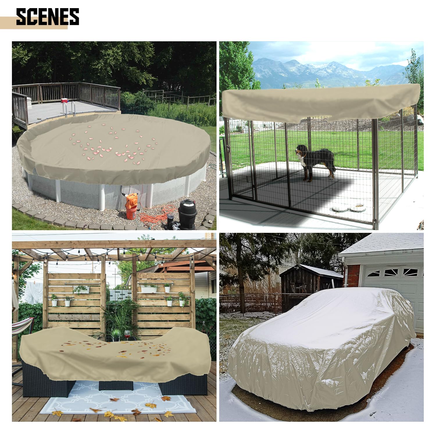 Bynbbur 11 FT Round Patio Furniture Cover Outdoor Table Chair Set Covers Car Cover Trampoline Cover Wire Rope Hemmed All Edges, Waterproof Cover for Outdoor Furniture Set (Beige)