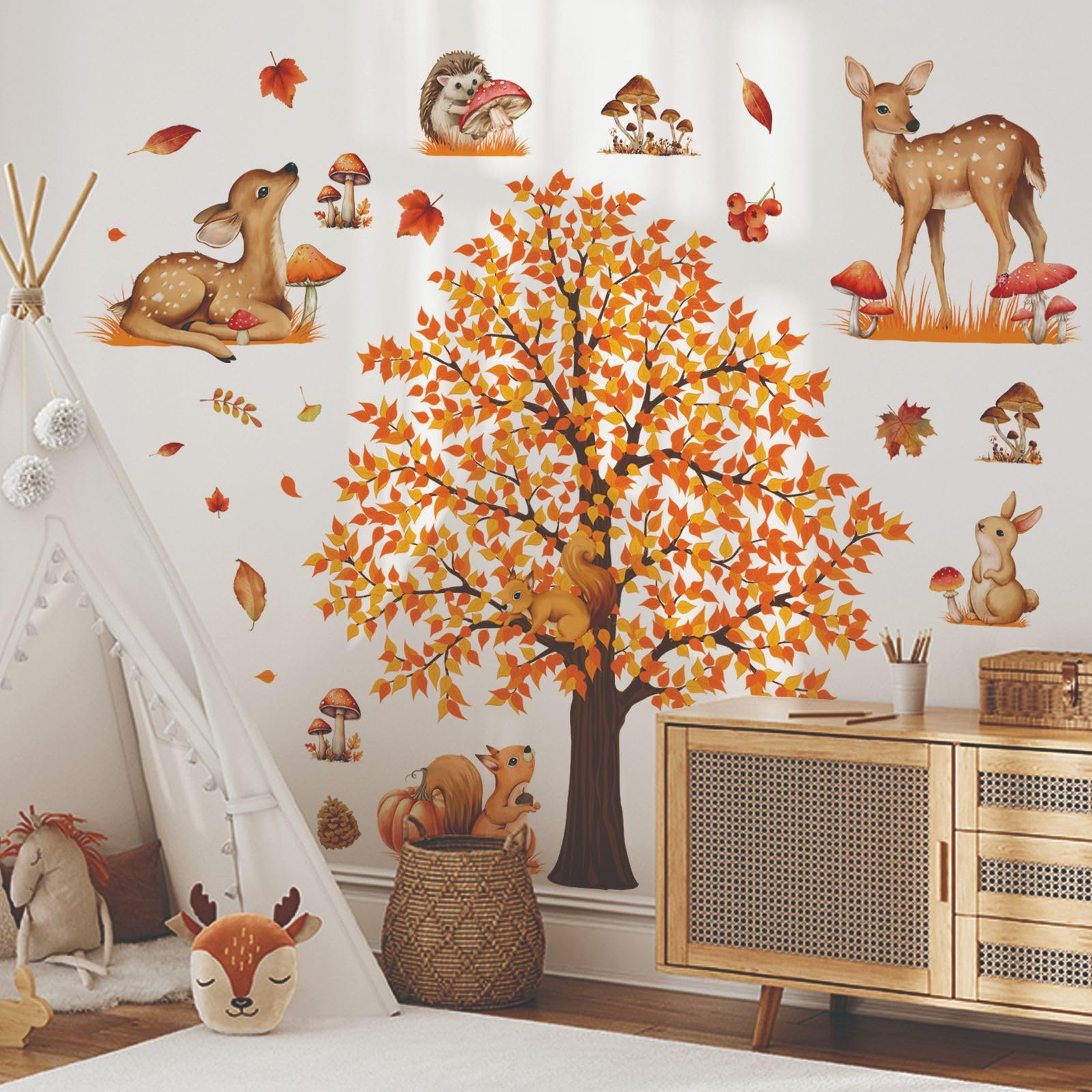 Mirabuy Large Autumn Fall Maple Tree Wall Decals Woodland Animals Creactures Mushroom Wall Stickers for Autumn Party Decorations Bedroom Living Room Wall Decor