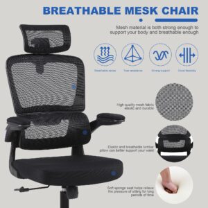 Ergonomic Office Desk Chair - Breathable Mesh High Back Computer Chair with Flip-Up Armrests, Comfortable Lumbar Support Executive Swivel Chair, Home Office Ergonomic Desk Chair (Black)