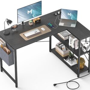 Mr IRONSTONE L Shaped Desk with Outlets & USB Ports, Reversible 47 Inch Office Desk, Corner Desk for Small Space, Home Office Desk with Storage Bag & Hook, Black