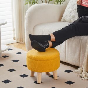 Wimarsbon Storage Ottoman, Modern Round Footrest with Soft Padded Seat, Teddy Velvet Footstool with Wood Legs, Accent Small Table or Plant Stand for Hallway, Living Room (Brilliant Yellow)