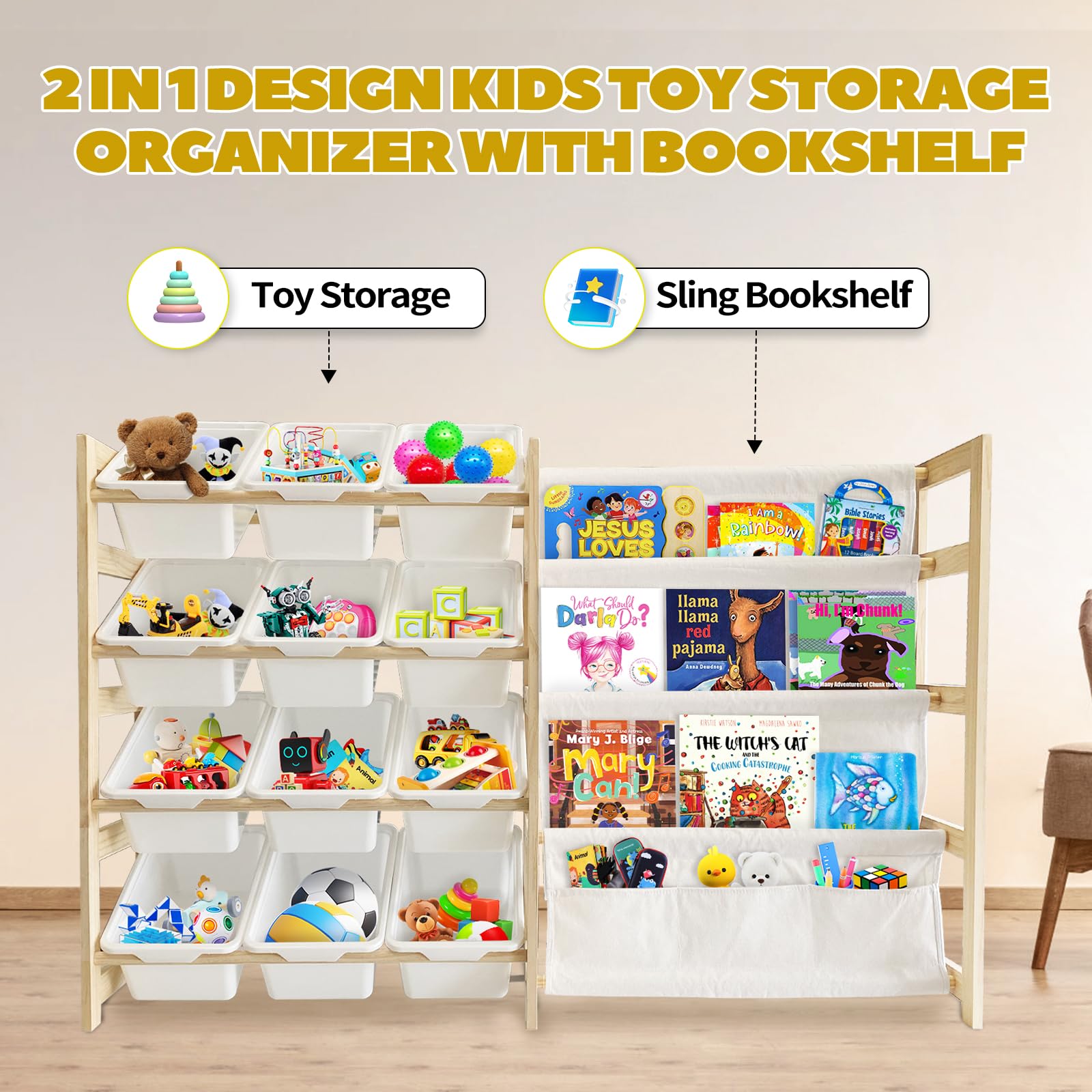 EXPERLAM Toy Storage Organizer with Bookshelf - 12 Storage Bins 4-Tier Multipurpose Shelf to Organize Toys and Books for Kids Room, Playroom, Nursery Room, White