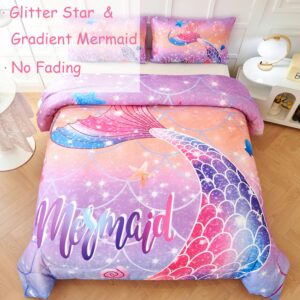 ZRNBAST Twin Size Mermaid Tail Comforter Set for Girls 3 Pcs Purple Orange Blue Bedding Set for Kids Soft Lightweight Gradient Glitter Bed Set for All Season(Twin, Orange)