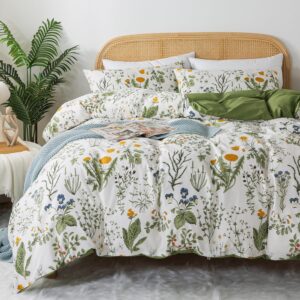 zusbest floral duvet cover queen 100% percale cotton botanical garden flower printed bedding reversible green yellow leaves pattern comforter covers french country bedding soft 3pcs-not comforter