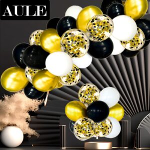 AULE Metallic Gold and Premium Latex Black White Balloons 60 Pack 12inches and Black Gold Confetti Balloons with Gold Ribbons Set for Birthday Graduation Wedding Party Decorations