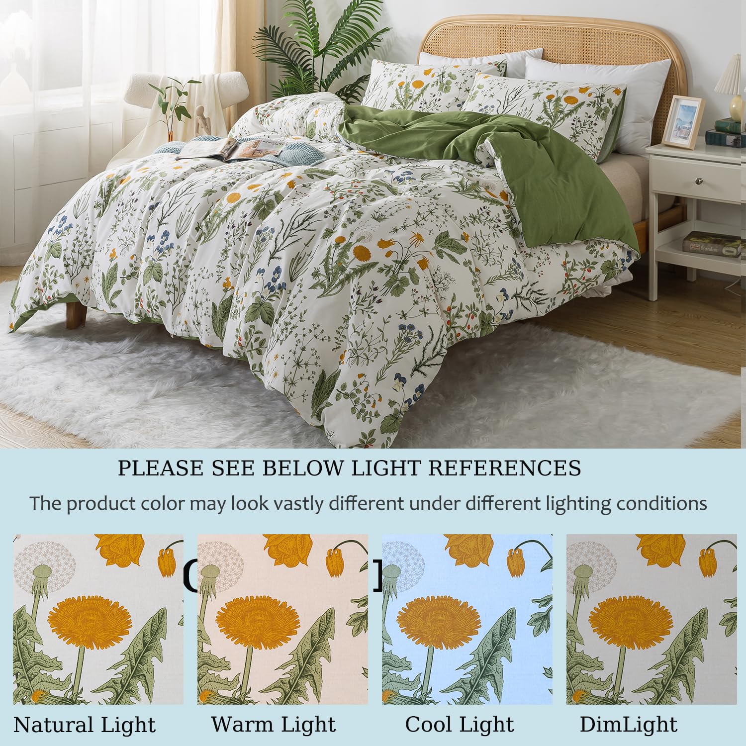 Zusbest Floral Duvet Cover Queen 100% Percale Cotton Botanical Garden Flower Printed Bedding Reversible Green Yellow Leaves Pattern Comforter Covers French Country Bedding Soft 3Pcs-Not Comforter