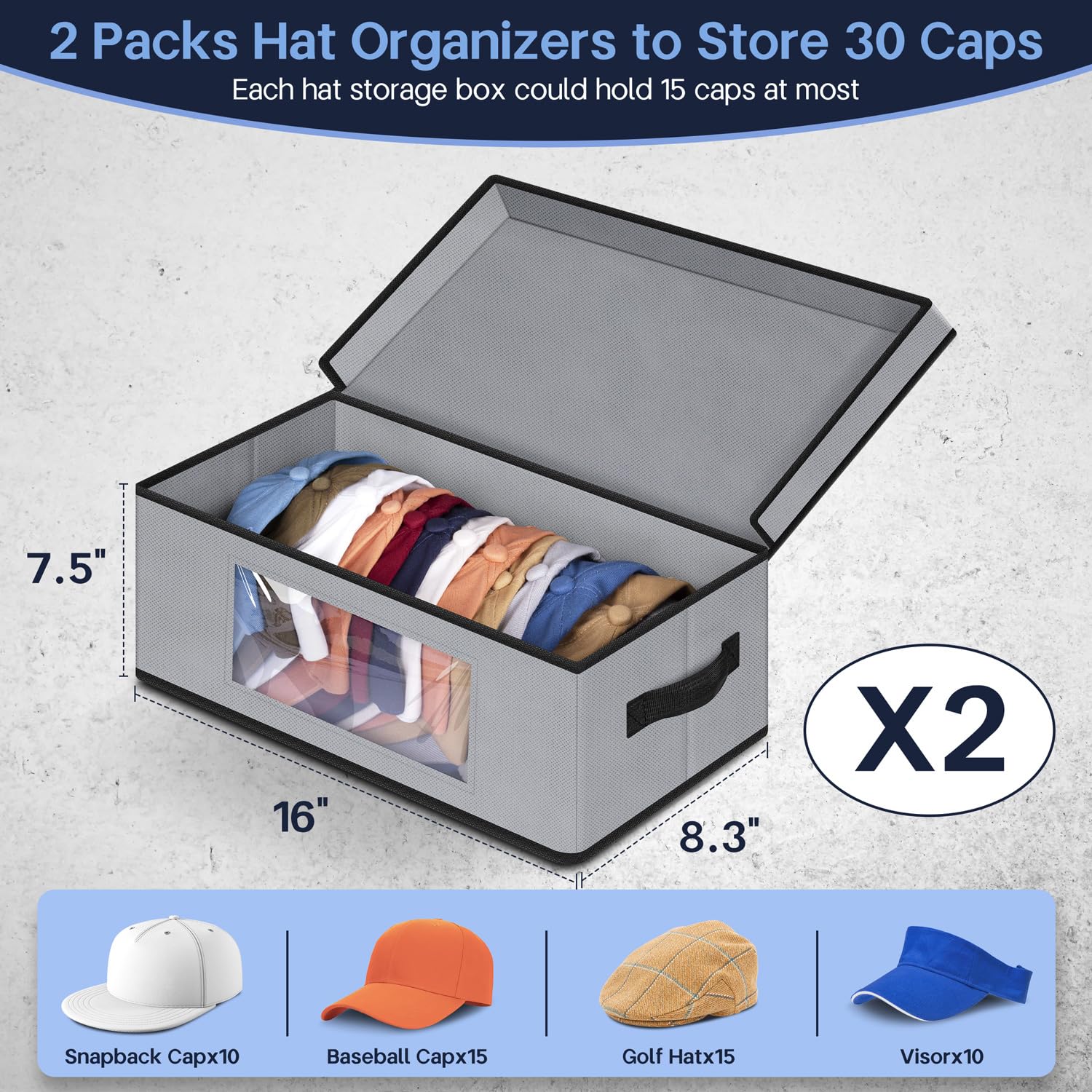 SLEEPING LAMB Stackable Hat Organzier for Baseball Caps, 2 PCS Hat Storage Boxes for Closet Hold 30 Caps with Cardboard, Grey