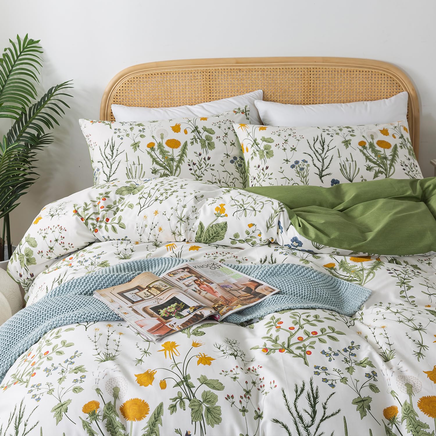 Zusbest Floral Duvet Cover Queen 100% Percale Cotton Botanical Garden Flower Printed Bedding Reversible Green Yellow Leaves Pattern Comforter Covers French Country Bedding Soft 3Pcs-Not Comforter