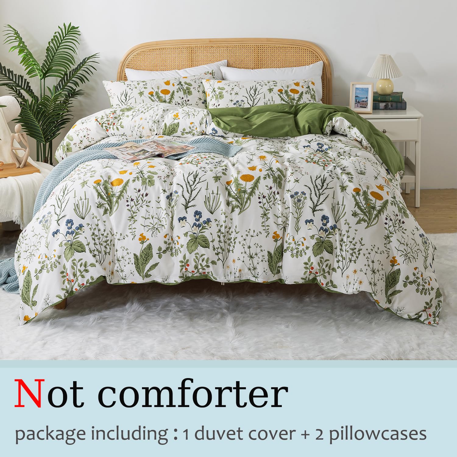 Zusbest Floral Duvet Cover Queen 100% Percale Cotton Botanical Garden Flower Printed Bedding Reversible Green Yellow Leaves Pattern Comforter Covers French Country Bedding Soft 3Pcs-Not Comforter