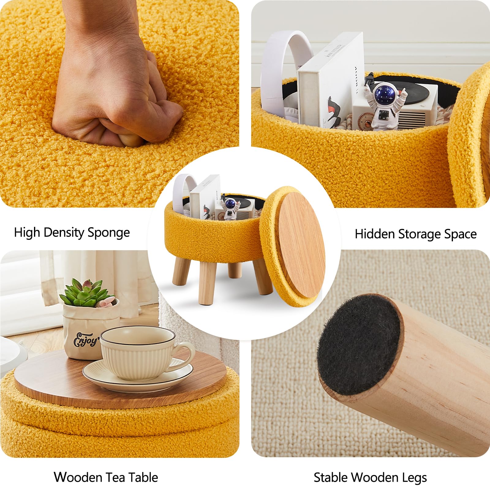 Wimarsbon Storage Ottoman, Modern Round Footrest with Soft Padded Seat, Teddy Velvet Footstool with Wood Legs, Accent Small Table or Plant Stand for Hallway, Living Room (Brilliant Yellow)