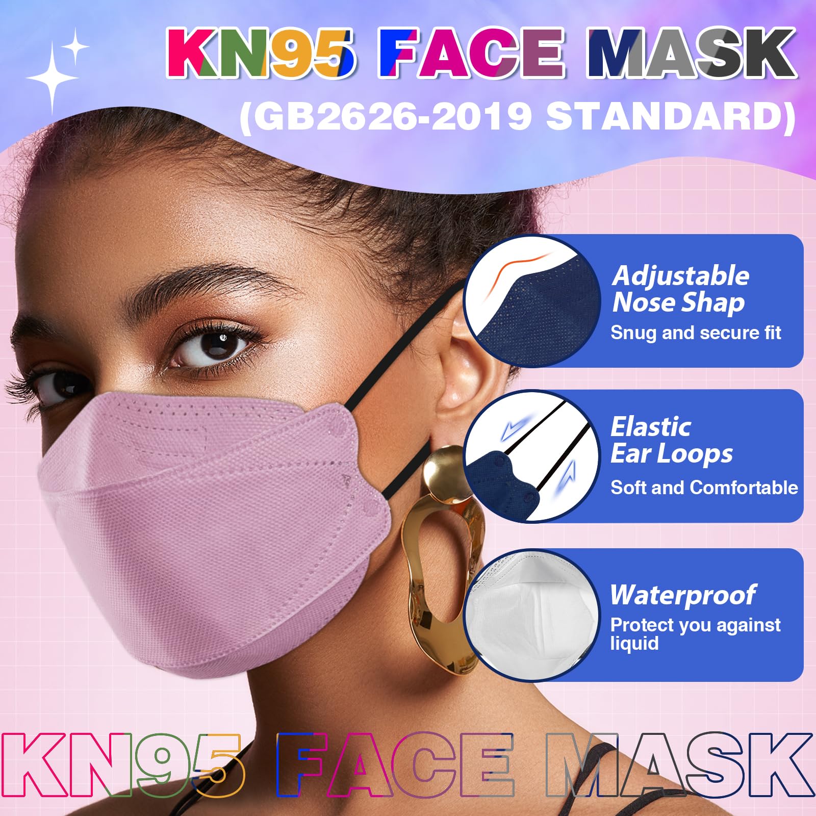 XDX KN95 Face Masks 100 Pack, 5 Layers Breathable Comfortable KN95 Masks for Adults Women Men, 10 Colors Masks Disposable Individually Wrapped