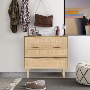 HOPUBUY 3 Drawer Dresser for Bedroom, Oak Rattan Dresser Closet Dressers Chest of Drawers, Light Wood Dresser 3 Drawer Storage Chest for Bedroom, Hallway, Living Room