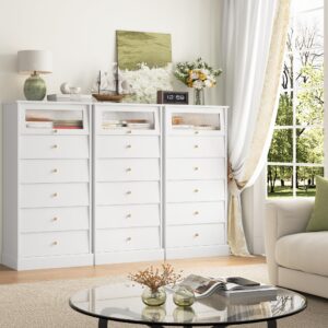 FINETONES 6 Drawer Dresser White Dresser, 48.7'' Tall White Dresser Chest of Drawers, White and Gold Dresser with Glass Drawer, Gold Dresser Modern Dresser for Home Office