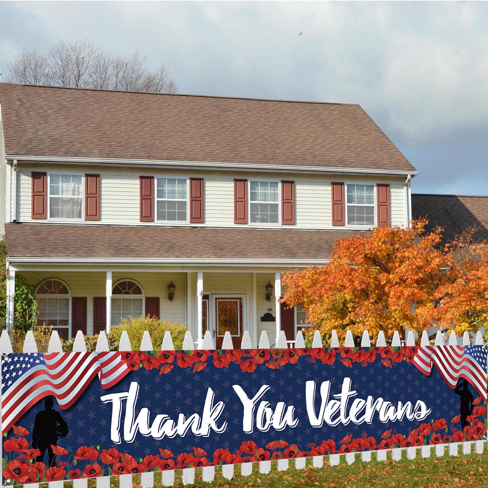 Veterans Day Decorations Thank You Veterans Banner for Fence Yard Lawn Red White Blue Patriotic Decor 4th of July Memorial Day Decorations and Supplies for Home Party