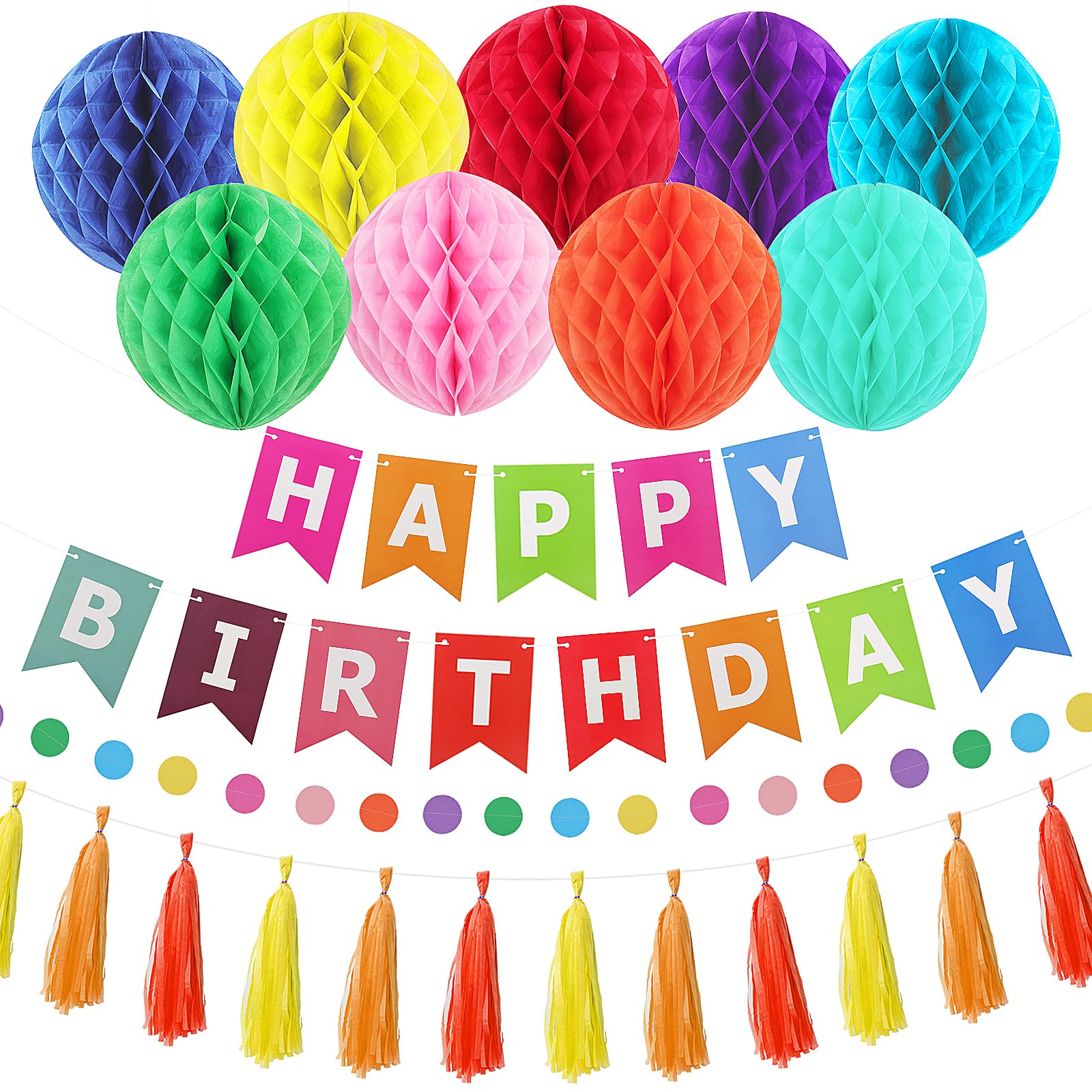 RUBFAC Rainbow Birthday Decorations Set, Colourful Happy Birthday Banner, Tissue Paper Pompoms, Circle Dots Garland and Paper Tassels Garland for Birthday Party Decorations