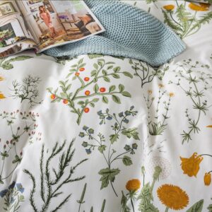 Zusbest Floral Duvet Cover Queen 100% Percale Cotton Botanical Garden Flower Printed Bedding Reversible Green Yellow Leaves Pattern Comforter Covers French Country Bedding Soft 3Pcs-Not Comforter