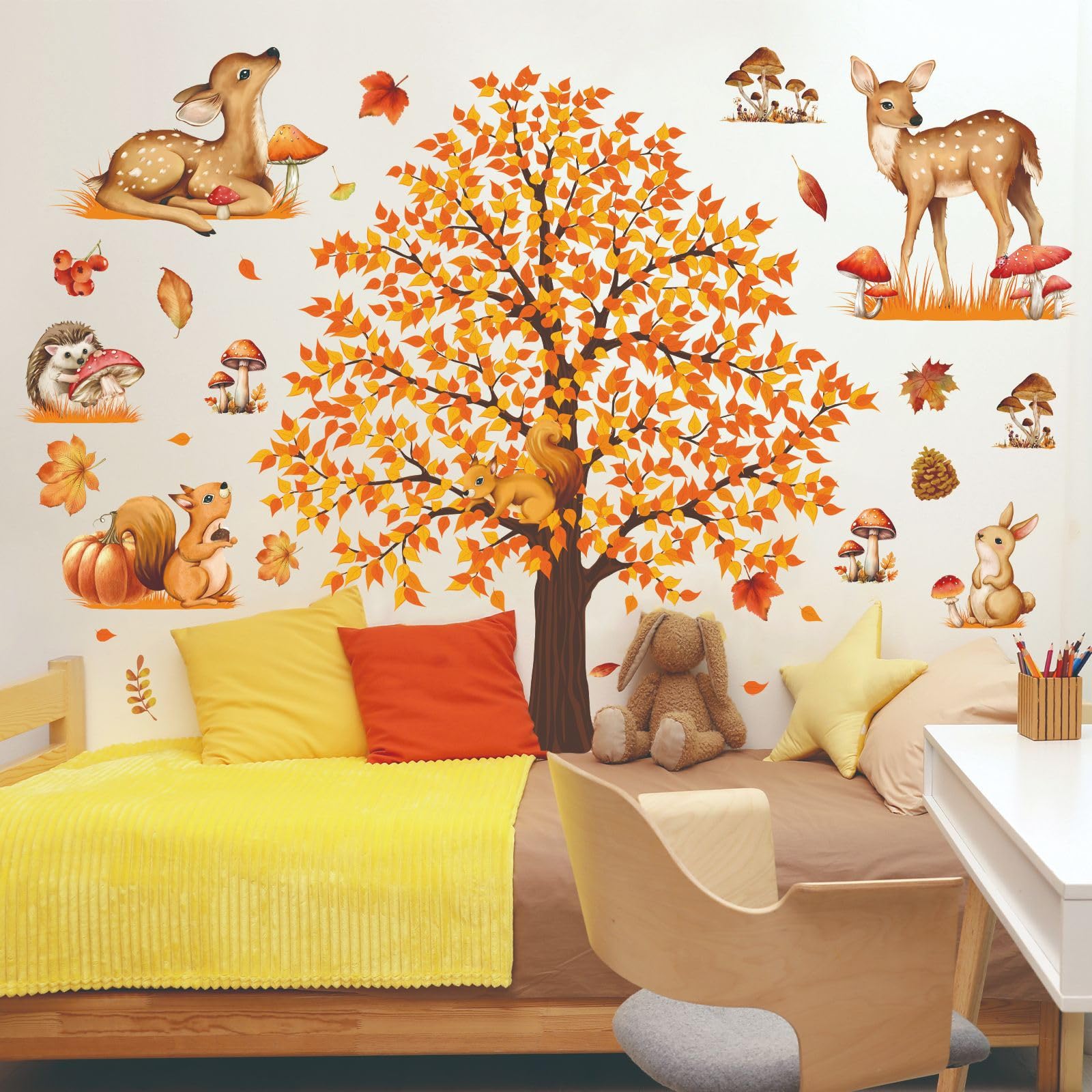 Mirabuy Large Autumn Fall Maple Tree Wall Decals Woodland Animals Creactures Mushroom Wall Stickers for Autumn Party Decorations Bedroom Living Room Wall Decor