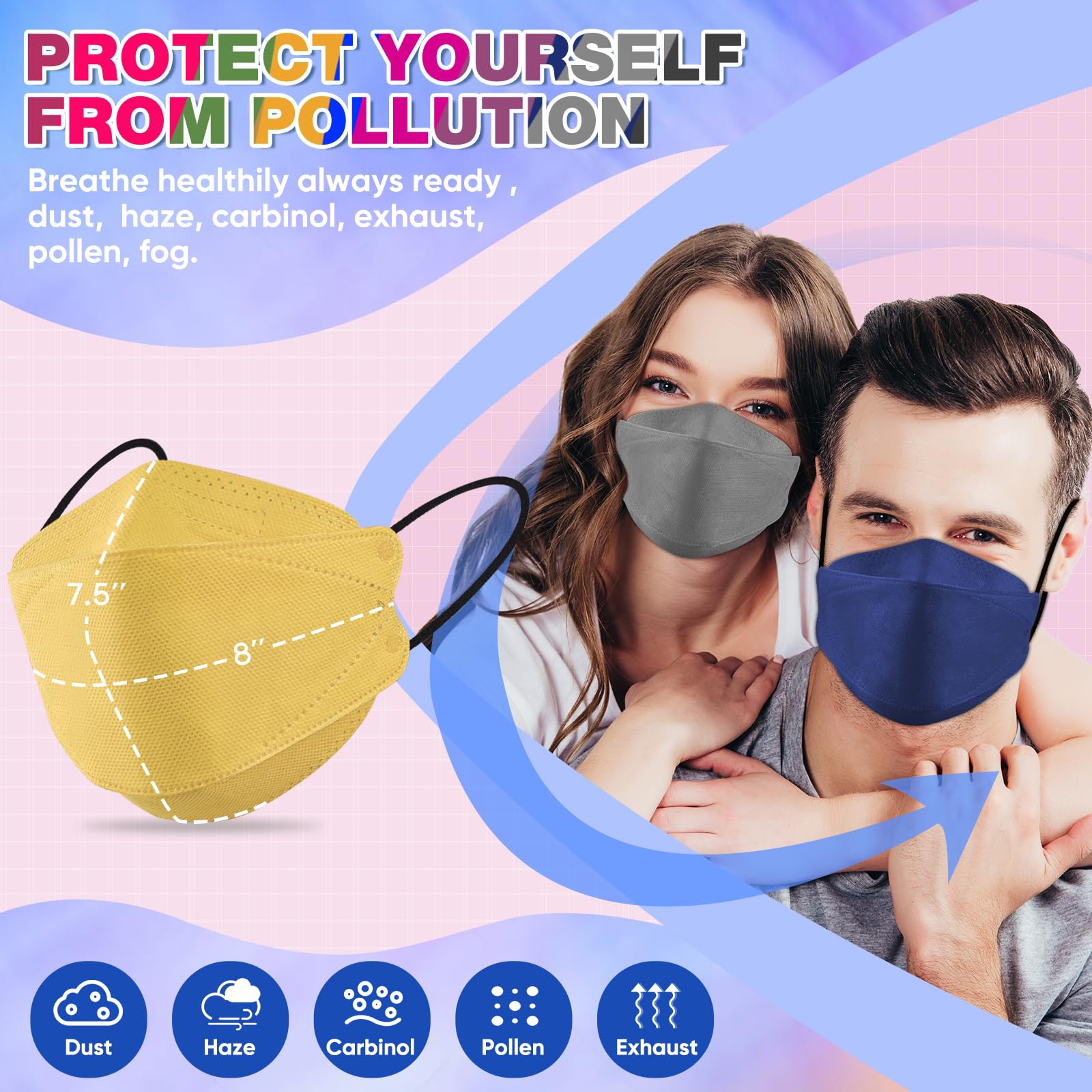 XDX KN95 Face Masks 100 Pack, 5 Layers Breathable Comfortable KN95 Masks for Adults Women Men, 10 Colors Masks Disposable Individually Wrapped