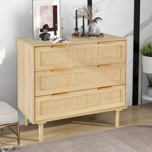 hopubuy 3 drawer dresser for bedroom, oak rattan dresser closet dressers chest of drawers, light wood dresser 3 drawer storage chest for bedroom, hallway, living room