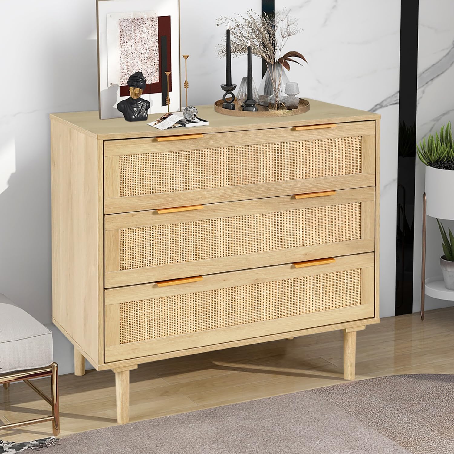 HOPUBUY 3 Drawer Dresser for Bedroom, Oak Rattan Dresser Closet Dressers Chest of Drawers, Light Wood Dresser 3 Drawer Storage Chest for Bedroom, Hallway, Living Room