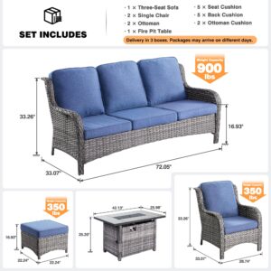 ovios 6-Pieces Patio Furniture Set with Fire Pit Table, Outdoor Wicker Rattan Sofa Couch with Ottomans, Comfy Cushions, High Back Conversation Set, Grey Wicker, Denim Blue