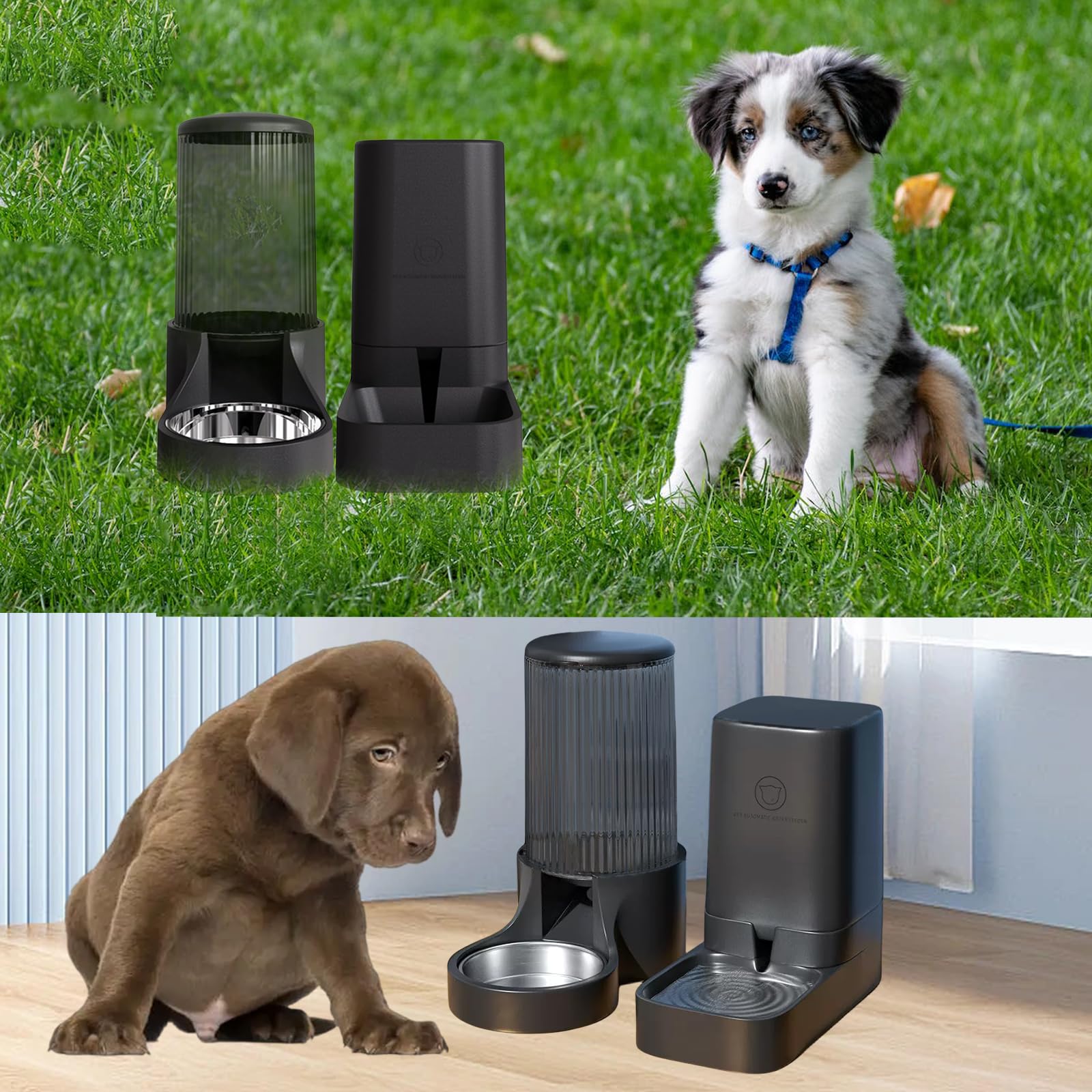 Hamiledyi Automatic Dogs Feeder and Water Dispenser Cats Gravity Food Feeder and Waterer Set with Food Bowl for Pets Puppy Kitten Rabbit(3.8L×2, Black)