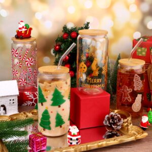 4Pcs Christmas Glass Cups, 16oz Christmas Mason Jars with Lid and Straw Christmas Tumbler Drinking Glasses Coffee Cups Jar Decor Glassware Water Bottles Xmas Home Decorations Gift for Kids Women Men