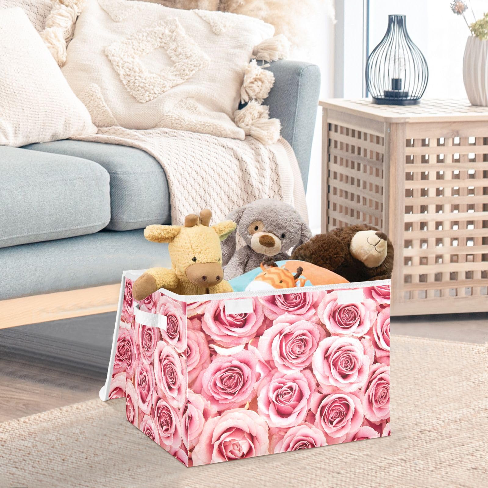 MFTJYO Storage Bin with Lid Pink Rose Flower Foldable Storage Box Washable Fabric Storage Cubes Bin Organizer Basket Closet for Home Bedroom Closet Nursery Office