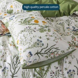 Zusbest Floral Duvet Cover Queen 100% Percale Cotton Botanical Garden Flower Printed Bedding Reversible Green Yellow Leaves Pattern Comforter Covers French Country Bedding Soft 3Pcs-Not Comforter