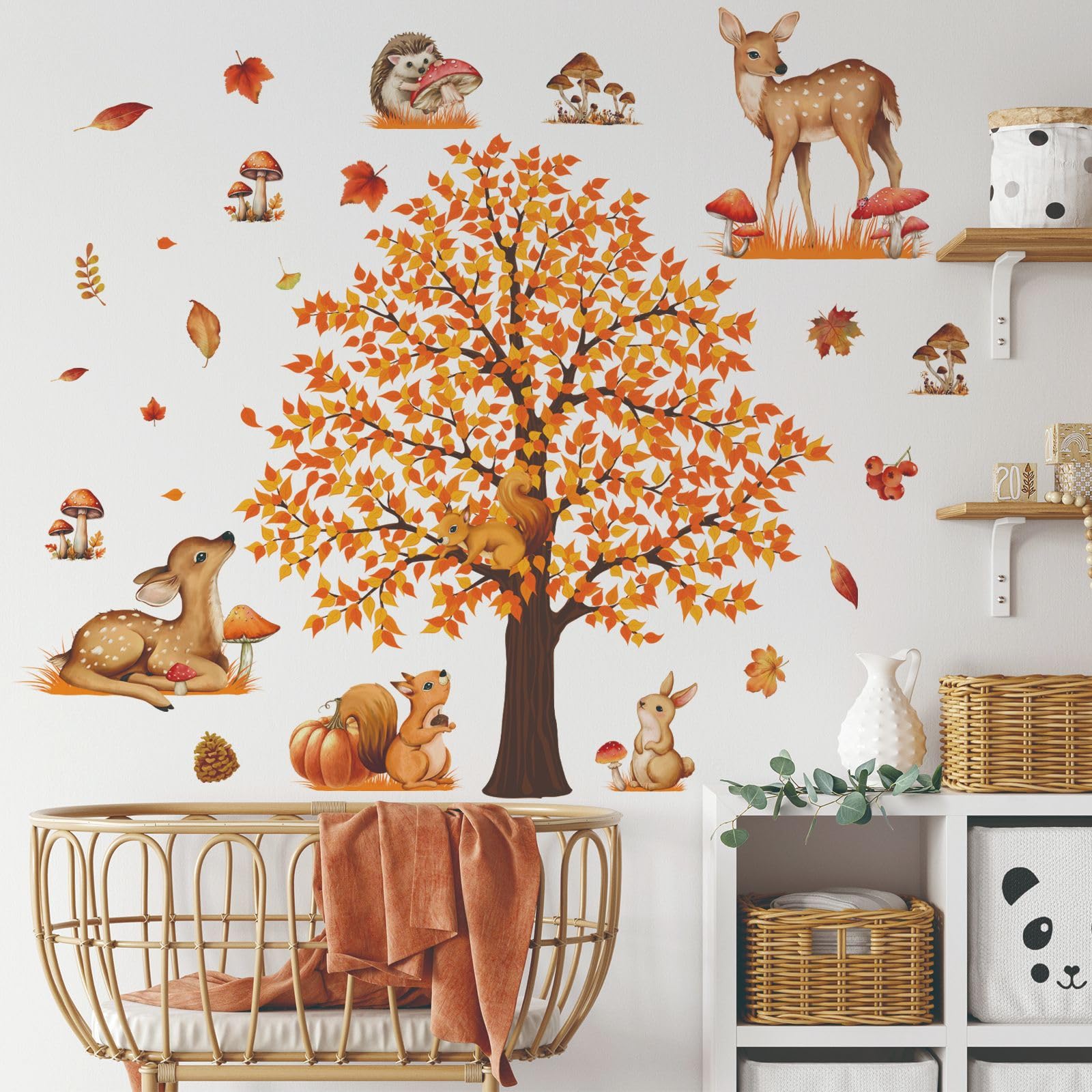 Mirabuy Large Autumn Fall Maple Tree Wall Decals Woodland Animals Creactures Mushroom Wall Stickers for Autumn Party Decorations Bedroom Living Room Wall Decor