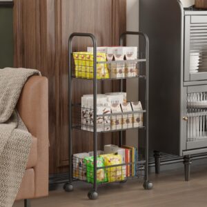 3-Tier FreeStanding Open Shelf with Wheels, Storage Rolling Cart Bathroom Organizer Shelves Unit, Metal Steel Storage Tower Organizer Rack Basket Cart for Bathroom, Living Room, Balcony, Kitchen