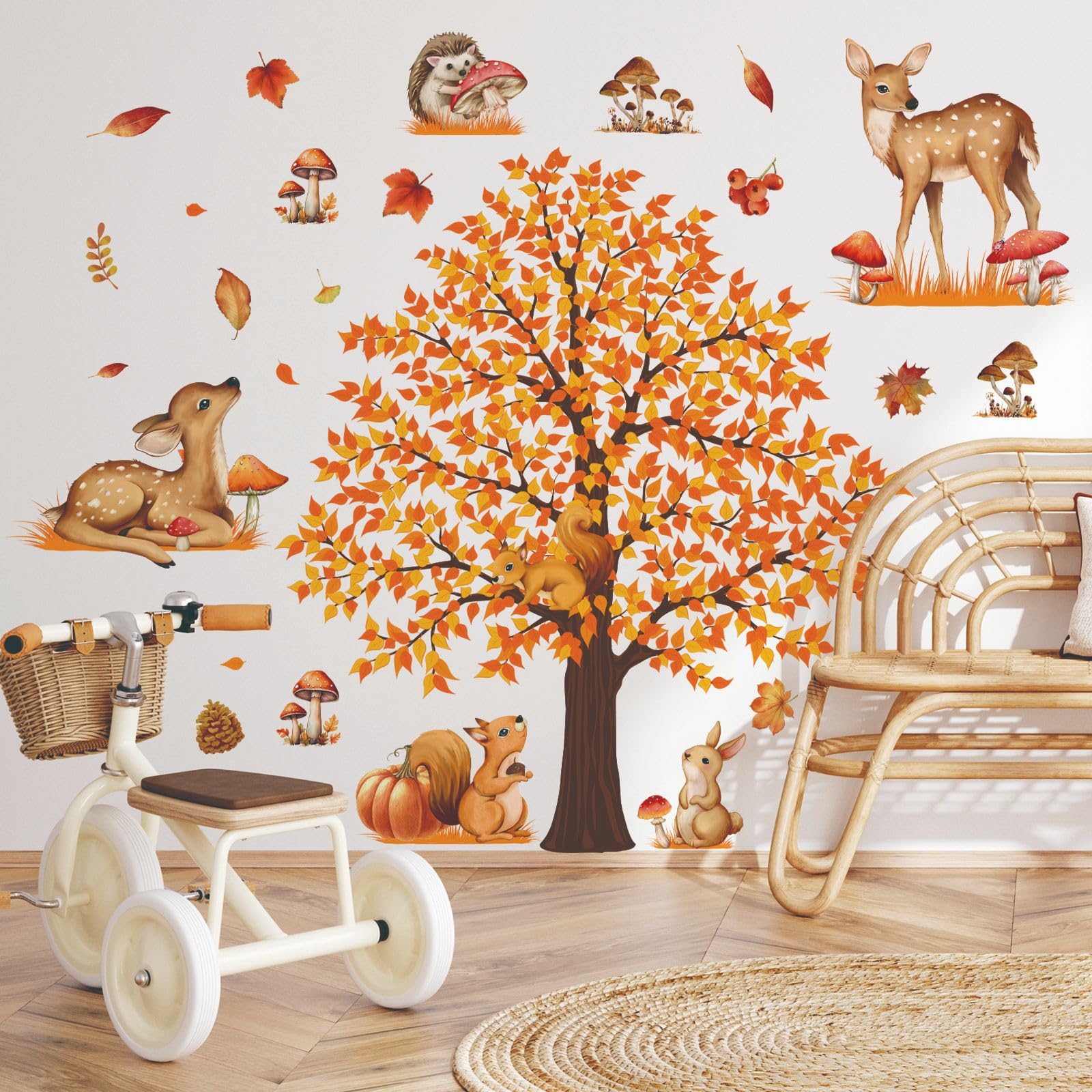 Mirabuy Large Autumn Fall Maple Tree Wall Decals Woodland Animals Creactures Mushroom Wall Stickers for Autumn Party Decorations Bedroom Living Room Wall Decor