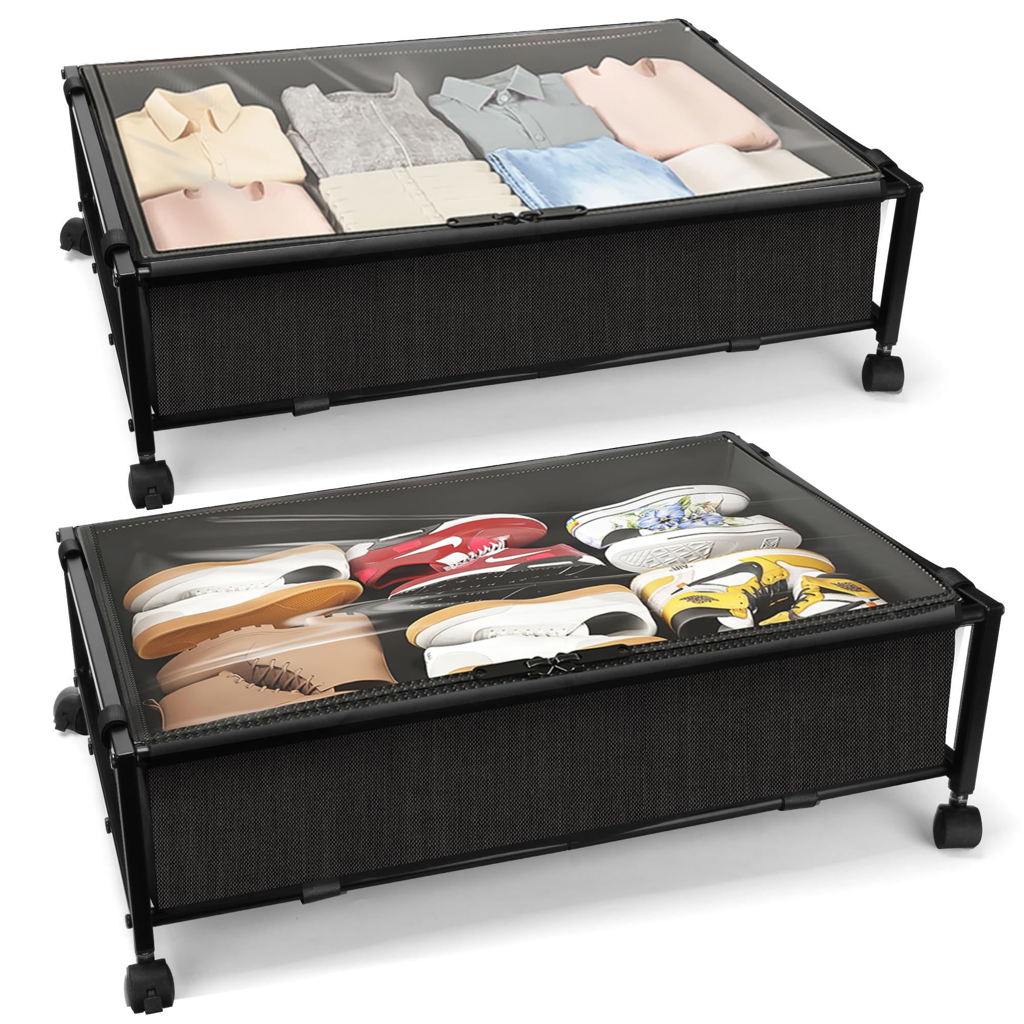 JEPEErbz Under Bed Storage with Wheels 2 Packs, Under Bed Drawers on Wheels, Underbed Storage with Wheels and Lid, Rolling Under Bed Drawers for Clothes, Shoes, Blankets, Toys (Black)