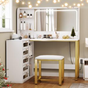 dwvo corner makeup vanity desk with lights and mirror, 48" l shaped white vanity set with stool, 5 acrylic visualized drawer, adjustable 3 lighting mode, bedroom large dressing table for women