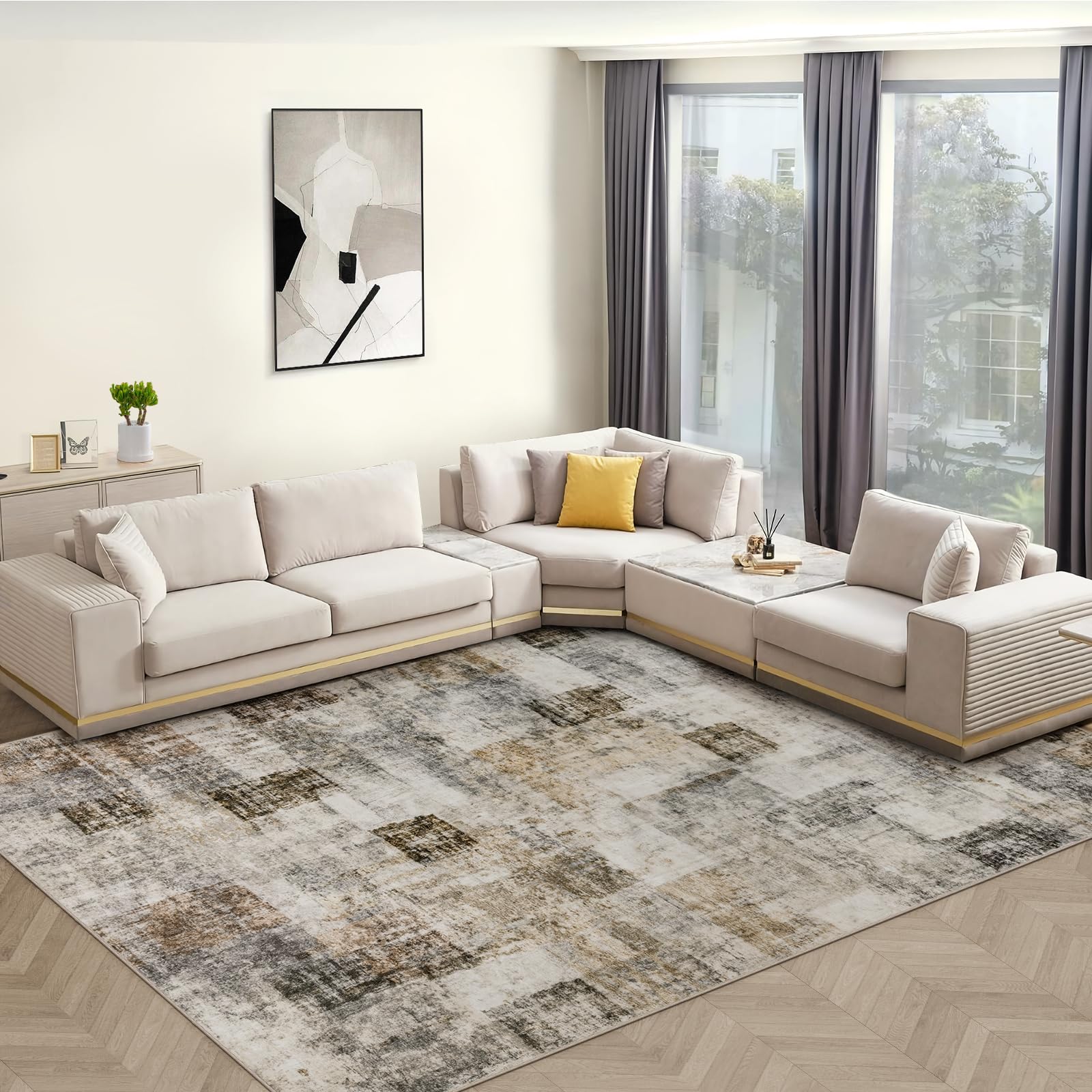 Area Rug Living Room Rugs 8x10 Washable: Soft Modern Abstract Fluffy Rug with Non-Slip Backing, Indoor Plush Throw Rug Large Accent Carpet for Bedroom Dining Room Nursery - Beige/Gray