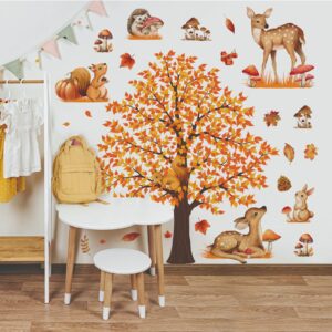 Mirabuy Large Autumn Fall Maple Tree Wall Decals Woodland Animals Creactures Mushroom Wall Stickers for Autumn Party Decorations Bedroom Living Room Wall Decor